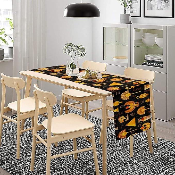Egyptian Table Runner, Retro Egypt Mural Old Hieroglyphic Elements Ancient Mythology Hieroglyph Symbol Printed Kitchen Dining Table Runner for Kitchen Living Room Home Party 13x60in