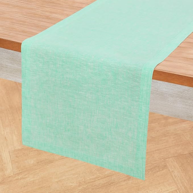 Solino Home Linen Table Runner 72 Inches Long - Athena, 100% Pure Linen Chambray Aqua Dining Table Runner 14 x 72 Inch for Winter, Spring, Easter