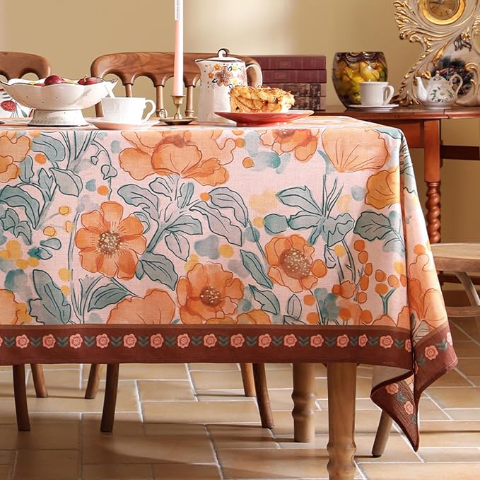 Vintage Linen Rectangle Tablecloth,Italian Orange Floral Pattern Soft and Wrinkle Resistan Table Cloth,Decor Table Cover for Kitchen,Dining,Thanksgiving,Christmas,55"*87"-Positano
