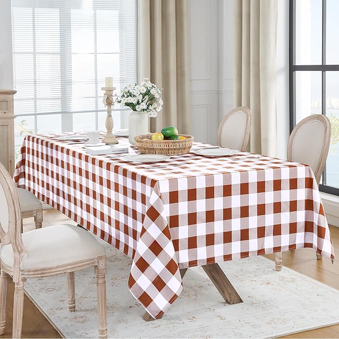 Softalker Gingham Checkered Tablecloth Square - Outdoor Waterproof Buffalo Plaid Table Cloth, Stain Resistant Washable Table Cover for Picnic, Camping, Dining - Rust and White, 54 x 54 Inch