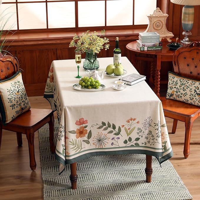 Beige Linen Square Tablecloth,Vintage French Shabby Chic Floral Wrinkle Free Table Cloth,Decor Table Cover for Kitchen,Dining,Party,Home,Christmas,Thanksgiving,67"*67"-Manolya