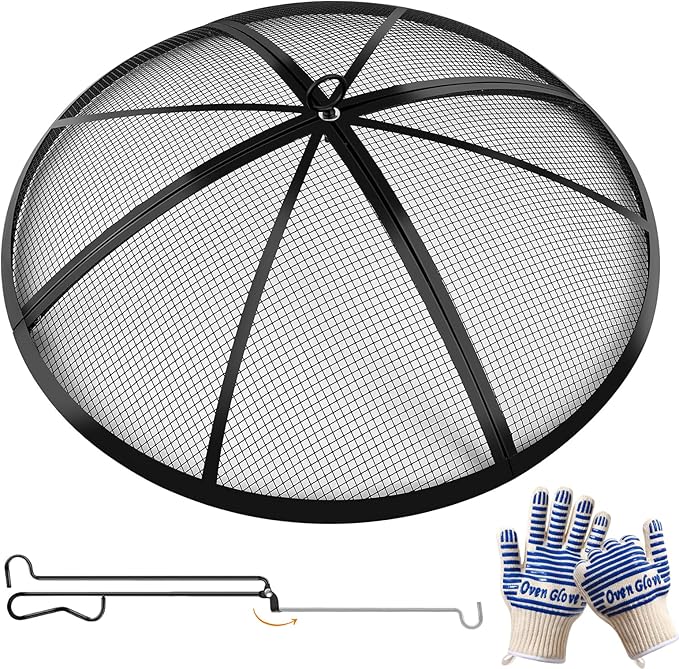 Fire Pit Spark Screen, Outdoor 27 Inch Round Fire Pit Screen with Foldable Hook and Fire Safety Gloves, Heavy Duty Steel Mesh Fire Pit Cover, Fire Pit Lid for Backyard, Beach, RV Camping
