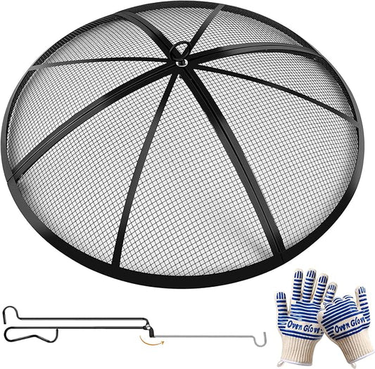 Fire Pit Spark Screen, Outdoor 27 Inch Round Fire Pit Screen with Foldable Hook and Fire Safety Gloves, Heavy Duty Steel Mesh Fire Pit Cover, Fire Pit Lid for Backyard, Beach, RV Camping