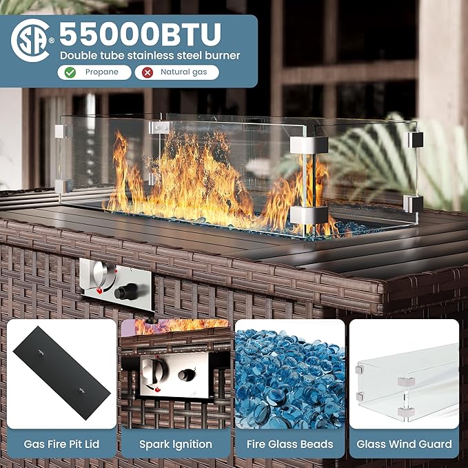 Patio Furniture Set with Fire Pit Table, 7 Piece Outdoor Sectional Conversation Sets Wicker Rattan Sectional Sofa with Coffee Table for Patio Garden Backyard, 4'' Thickened Cushion Dark Grey