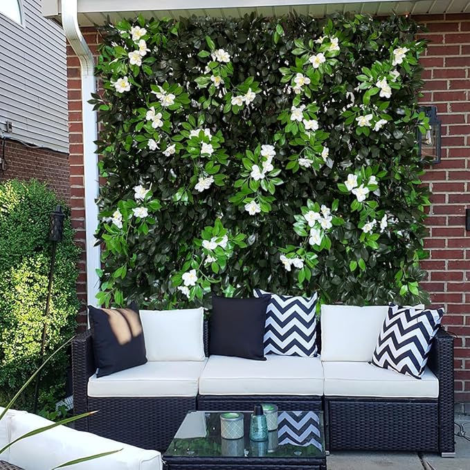 Expandable Fence Privacy Screen for Balcony Patio Outdoor,Decorative Faux Ivy Fencing Panel,Artificial Hedges (Single Sided Leaves) (4, Branches -White Fowers)