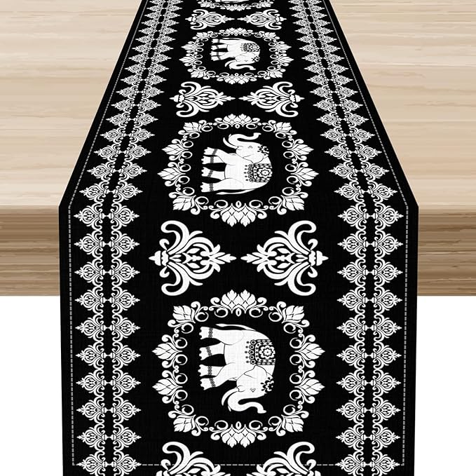 Boho Elephant Table Runner, Rustic Black African Tribe Animal Damask Diwali India Mandala Art Print Coffee Table Center Decor for Home Kitchen Holiday Party Outdoor Table Decorations, 13"x72"