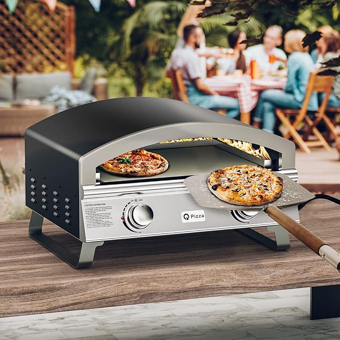 Outdoor 2-Burner Gas Pizza Oven, 25" Large Capacity Pizza Maker, Versatile Grill Stove with 19" Baking Stone for Steak Meat Seafood, OuPropane Grill Oven for Cooking