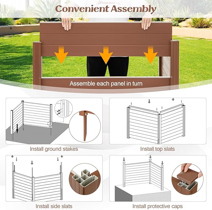 Giantex 2 Panels Air Conditioner Fence, 48''W x 36''H Outdoor Privacy Screen with 3 Stakes, Decorative Trash Can Enclosure, PVC Vinyl Freestanding Fences for Garden Lawn AC Unit Pool Pump, Brown