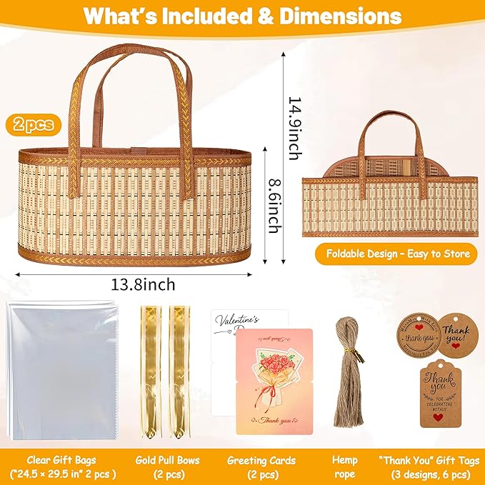 1 Set Baskets for Gifts Empty, Large Bamboo Gift Basket with Handle, Foldable Reusable Decorative Woven Basket for Christmas, Baby Shower, Mother's Day, Housewarming, Wedding