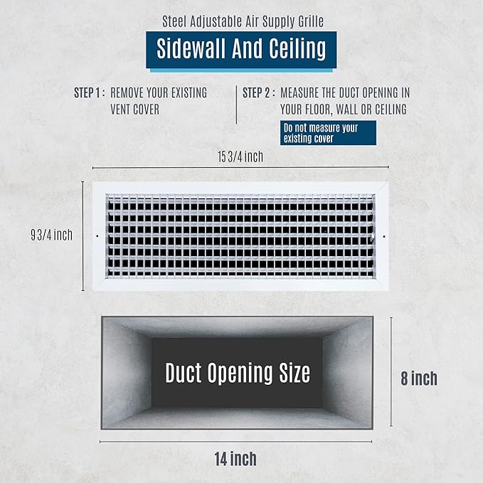 Fits 14x8 Duct Opening Steel Adjustable Air Supply Grille by Handua | Register Vent Cover Grill for Sidewall and Ceiling | White | Outer Dimensions: 15.75" X 9.75"