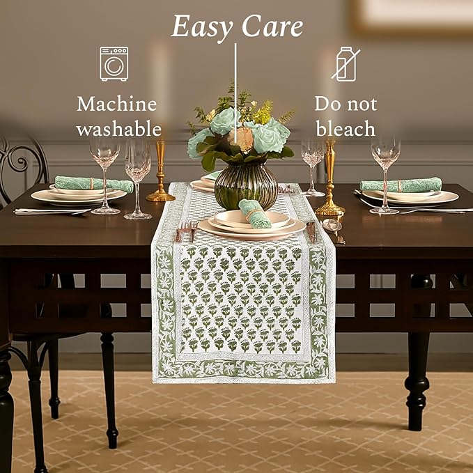 CPC Cotton Table Runner 16x72 Inch Block Printed Long Fall Table Runner for Dining Table, Card Table, Coffee Table, Wedding, Farmhouse & Outdoor Barbeque-Emerald Green