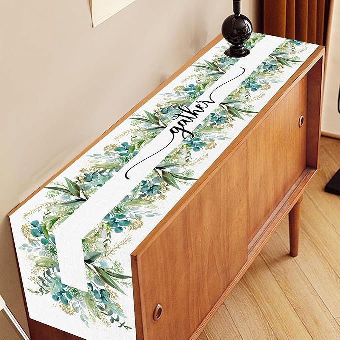Farmhouse Table Runner, Green Gold Eucalyptus Spring Seasonal Plants Rustic Country Cafe Coffee Table Center Decor for Home Kitchen Dining Patio Indoor Outdoor Table Decorations, 13"x72" Inch