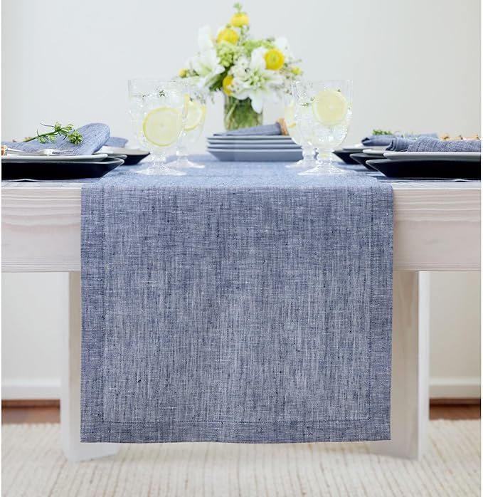 Solino Home Linen Small Table Runner 36 Inches - Athena, 100% Pure Linen Chambray Indigo Table Runner 14 x 36 Inch Ideal for Dresser and Coffee Tables - Winter, Spring, Easter