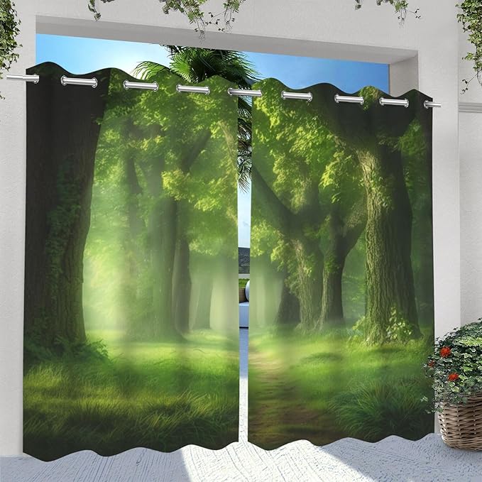 Forest Theme Waterproof Outdoor Curtains for Patio,Dawn Trees Jungle Pattern,UV and Fade Resistant Outside Curtains for Gazebo, Front Porch, Pergola,2 Panels,36 x 84 inch,Green