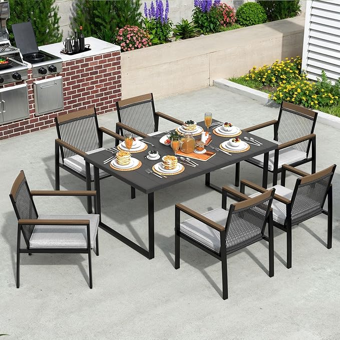 7-Piece Patio Dining Table and Chair Sets, Outdoor Metal Dining Furniture Set with Umbrella Hole, Wood Grain Tabletop, 6 Rope Patio Chairs with Faux Wood Armrest & Cushions for Backyard, Deck