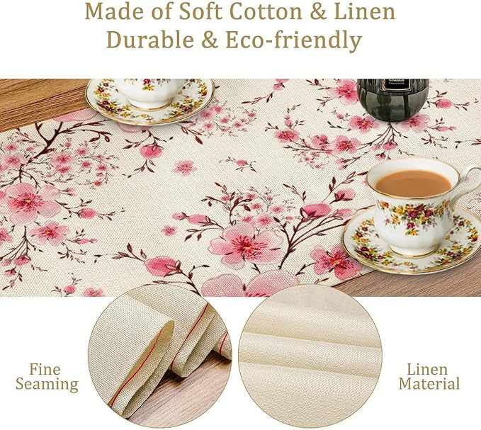 Cherry Flower Table Runner, Seasonal Spring Cherry Blossoms Branches Watercolor Floral Print Table Cover for Kitchen Dining Table Indoor Outdoor Party Decor, 13x60inch
