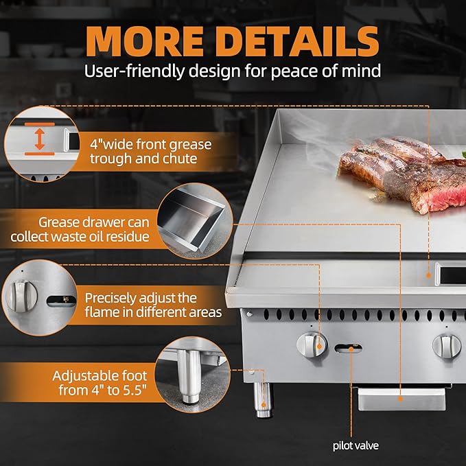 12" Commercial Countertop Griddle, Single Burners Gas Griddle, 30000 BTU Output, Stainless Steel Flat Top Grill Hot Plate with Natural Gas and Propane Conversion Kit for Restaurant, Food Truck