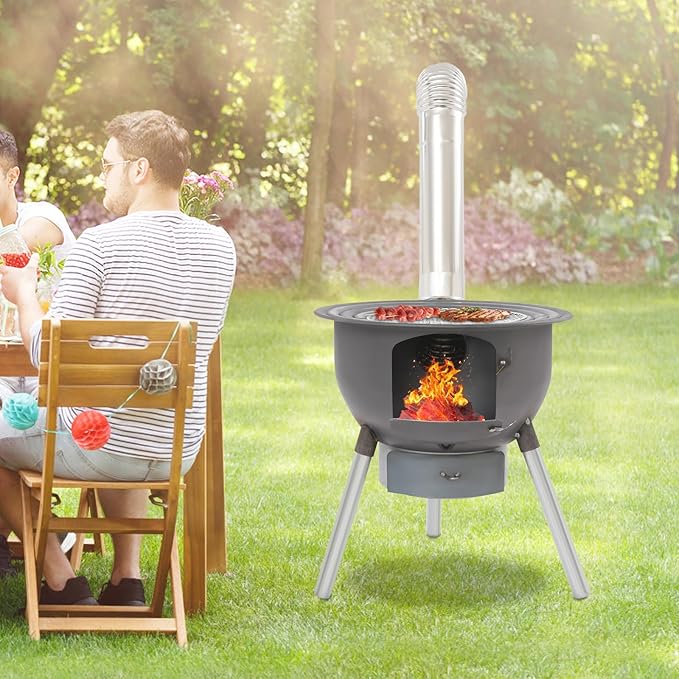 DYRABREST Wood Burning Stove with Grill, Multifunction Portable Camping Stove, Outdoor Cooking Stove with 3 Wok Rings & Chimney, Heavy Duty Steel Fire Pit for Backyard, Patio, BBQ, Camping, Hiking