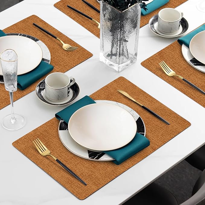 Faux Leather Heat Resistant Fall Placemats Set of 4 – Waterproof Oilproof Wipeable Dining PU Vinyl Place Mat Easy Clean Table Mats for Kitchen/Dining/Party/Holiday, Orange