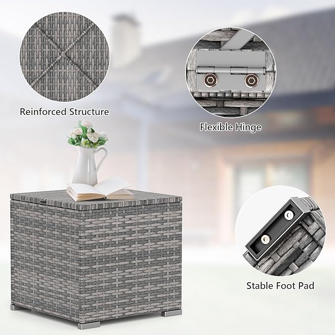 Tangkula 2 Pieces Patio Ottomans, Patiojoy Hand-Woven PE Rattan Side Table with Removable Cushion & Hidden Storage Space, Multifunctional Storage Box, Seat for Patio, Backyard, Poolside (Black&Grey)