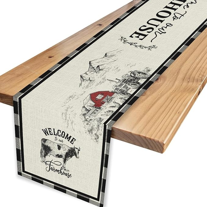 Farmhouse Table Runner, Rustic Country Barn Cottage Rooster Cow Check Animal Plank Coffee Table Center Decor for Home Kitchen Dining Patio Holiday Party Indoor Outdoor Table Decorations 13"x108"