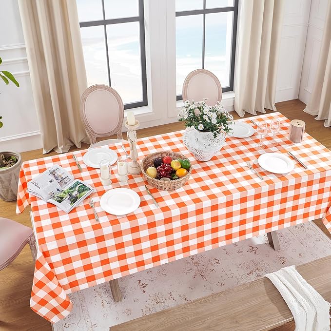 Softalker Gingham Checkered Tablecloth Rectangle - Outdoor Waterproof Buffalo Plaid Table Cloth, Stain Resistant Washable Table Cover for Picnic, Camping, Dining - Orange and White, 54 x 120 Inch