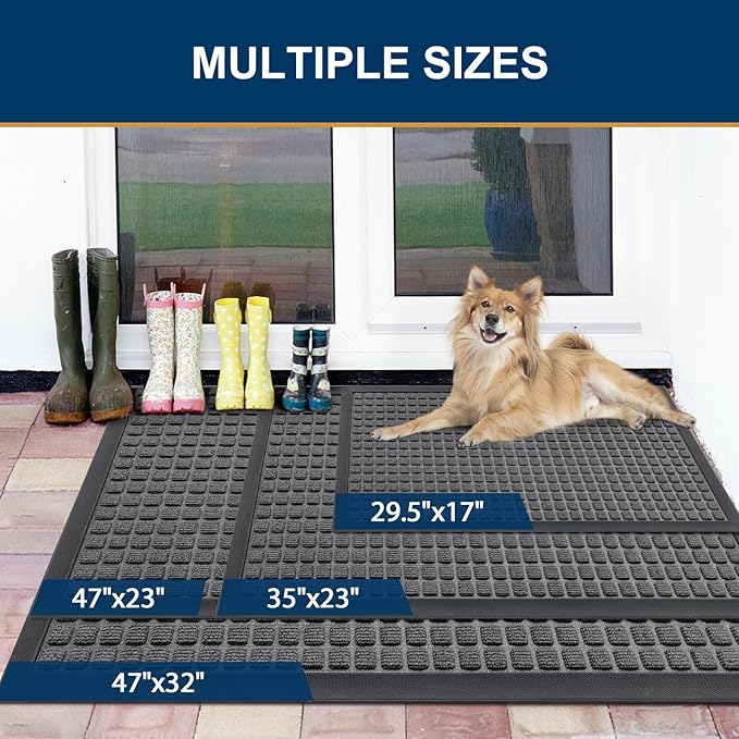Smiry Front Door Mat Outside Entrance, Heavy Duty Natural Rubber Doormat, Non Slip, Trap Dirt and Moisture, Easy Clean, Low Profile Welcome Floor Mats for Indoor Outdoor Entry, 35x23 Inch, Grey