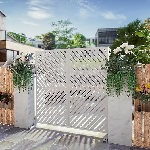 Casaphoria 72" H x 47" W Metal Outdoor Privacy Screen, Freestanding Decorative Divider for Patio, Deck, Balcony, and Garden with Stable Base, White-Parallel