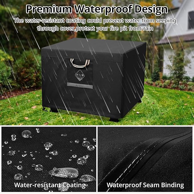 QH.HOME Fire Pit Cover Square Heavy Duty Fabric 100% Waterproof, Fits Outdoor for 29”,30 inch Fire Pit/Table Cover,Gas Fire Pit Cover (30”L x 30”W x 24”H,Black)