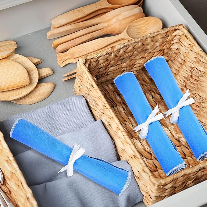 Saintrygo 6 Pieces Anti Tarnish Silver Storage Bags silverware Blue Holder for Flatware Storage Organizer Place Setting Roll with White Ribbon for Kitchen Utensils