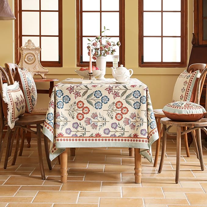 French Linen Rectangle Tablecloth,Vintage Colorful Multiple Prints Soft and Durable Tablecloths,Decor Table Cover for Kitchen,Dining,Tea Party,Thanksgiving,Christmas,55"*79"-Lohi
