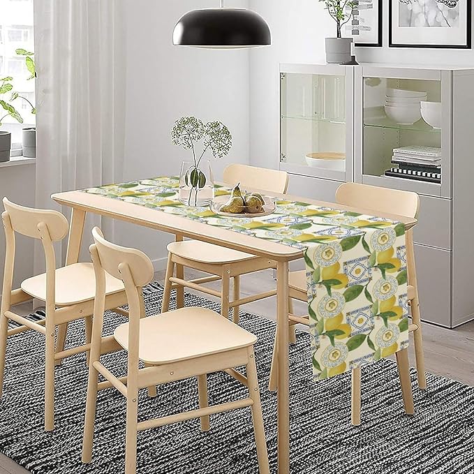 Tiles Lemon Table Runner, Watercolor Italian Tile Floral Plant Print Table Runner for Farmhouse Coffee Home Kitchen Dining Outdoor Party 13x120in
