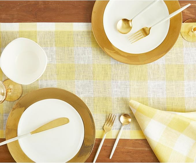 Solino Home Linen Checkered Table Runner 120 Inches Long - 100% Pure Linen Yellow and White Buffalo Check Table Runner 14 x 120 Inch Ideal for Dining, Spring, Easter