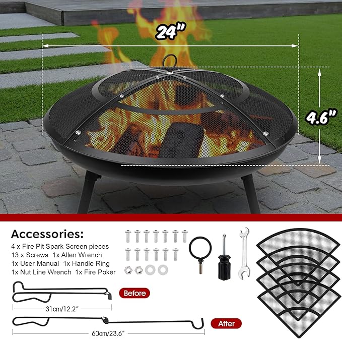Fire Pit Spark Screen,24 Inch Fire Pit Screen Cover Outdoor with Handle&Poker,Firepit Screens Round Cover Mesh Replacement Heavy-Duty Steel Fire Pit Cover for Backyard/Beach/RV Camping