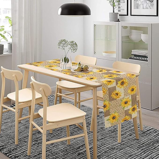 Farmhouse Sunflower Table Runner, Rustic Vintage Linen Patchwork Summer Yellow Floral Table Cover for Bithday Party Home Kitchen Dining Room Decor, 13x90inch