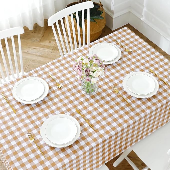Romanstile Square Vinyl Tablecloth, 100% Waterproof Buffalo Gingham Plastic Table Cloth, Heavy Duty Wipeable Checkered Table Covers for Outdoor, Camping, Picnic, Patio - 60 x 60, Coffee and White