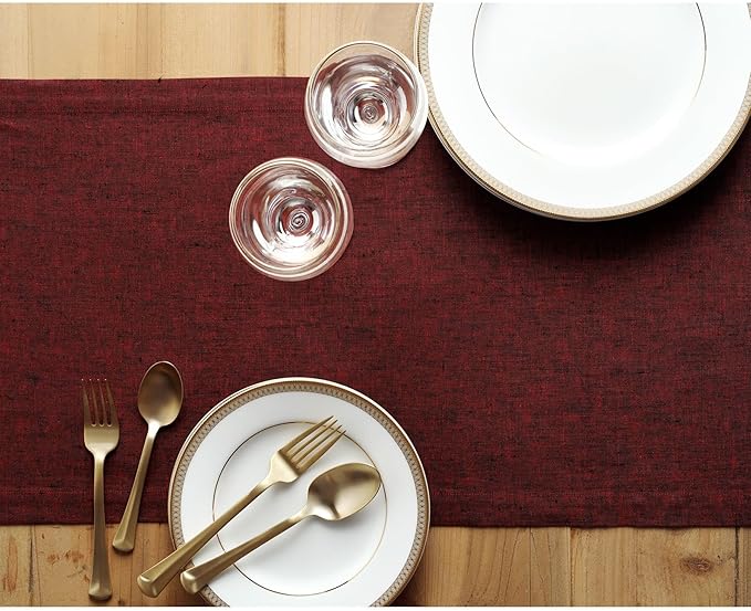 Solino Home Linen Small Table Runner 60 Inches - Athena, 100% Pure Linen Red Garnet Table Runner 14 x 60 Inch Ideal for Dresser and Coffee Tables - Valentines, Winter
