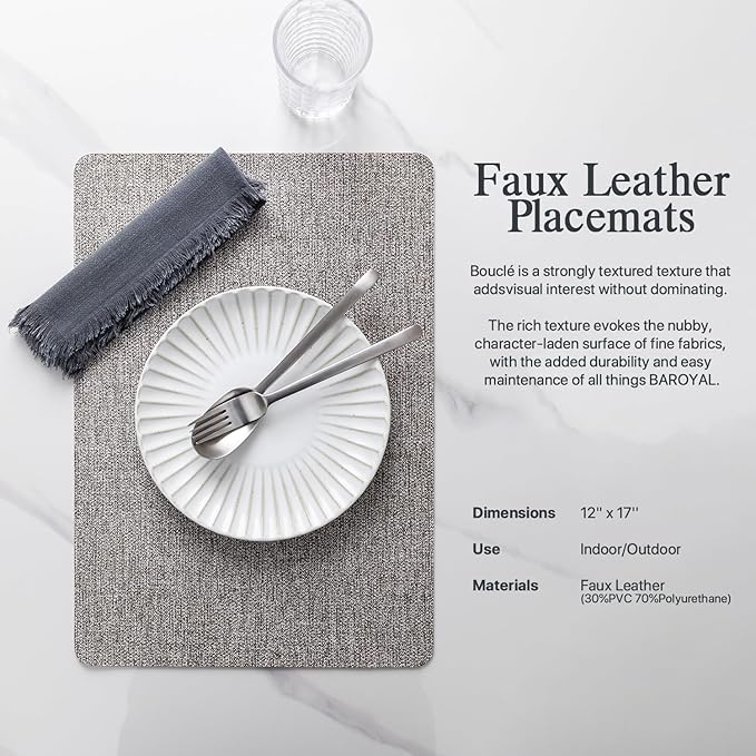 Faux Leather Placemats Set of 4 Vinyl Washable Wipeable Table Mats for Kitchen Dining Table Heat Resistant Waterproof Modern Indoor/Outdoor Placemats Non-Slip Easy Clean Place Mats (Mid Gray)