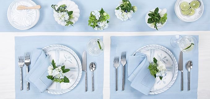 Solino Home Linen Sky Blue Table Runner 144 Inches Long - 100% Pure Linen Extra Long Table Runner 14 x 144 Inch for Spring, Easter - Classic Hemstitch