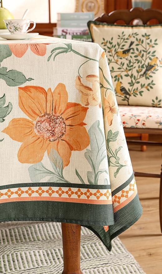French Extra Long Tablecloth for Rectangle Table,Linen Orange Floral Wrinkle Resistant Tablecloths,Decor Table Cover for Kitchen,Dining,Party,Thanksgiving,Christmas,63"*110"-Milch