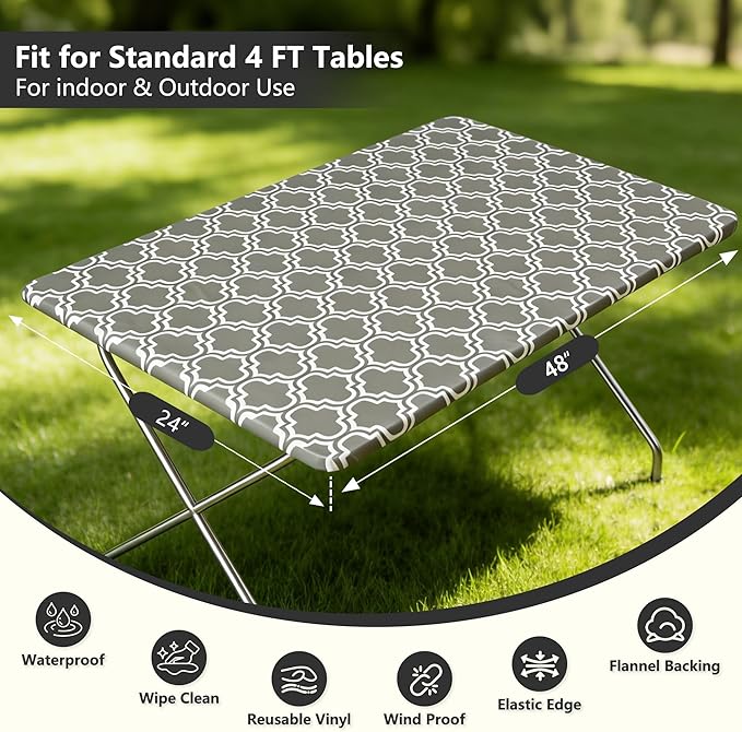 Rectangle Picnic Table Cloth, Elastic Waterproof Fitted Vinyl Tablecloths for 4 Foot Tables, Wipeable Flannel Backed Table Covers for Dining, Camping, Outdoor(Grey,24"x48")