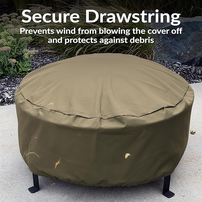 Sunnydaze Round Outdoor Fire Pit Cover - Heavy-Duty 300D Polyester and PVC with Drawstring Closure - Khaki - 30-Inch