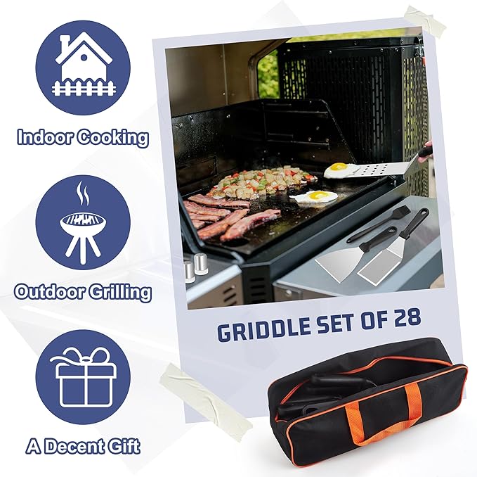 HaSteeL 28Pcs Griddle Accessories Kit, Stainless Steel Flat Top Grill Accessory Tools Set, Metal Spatulas, Scraper Choppers, Melting Domes, Cast Iron Burger Press, for Teppanyaki Tabletop Hibachi BBQ