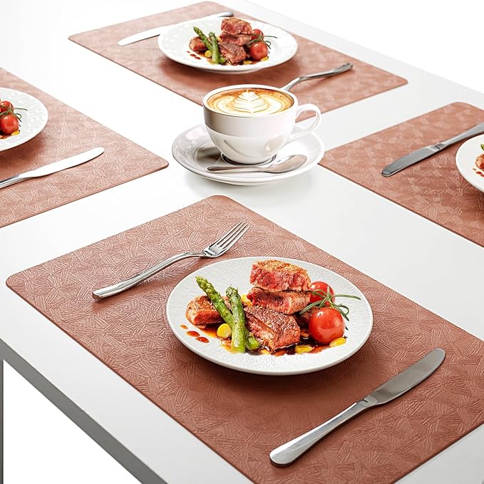 Vinyl Placemats Set of 8 Faux Leather 100% Waterproof Wipeable Washable Place Mats Heat Resistant Easy Clean Non-Slip Table Mats for Indoor Outdoor.(8, Coral)