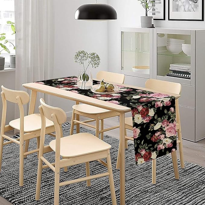 Gothic Floral Table Runner,Vintage Pink Red Rose Flower Print Table Runner for Kitchen Dining Table Indoor Outdoor Home Party Decor,Black 13x60in