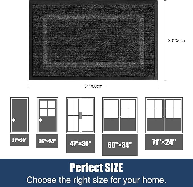 Front Door Mat Outside Entrance Indoor Doormat, 31" x 20" Outdoor Mats for Patio Waterproof, Outdoor Door Mats for Outside Entry, Indoor Rugs for Entryway, Sturdy Natural Rubber Entry Mat, Black