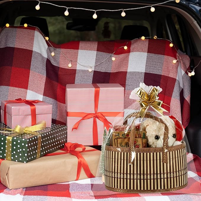 Reallnaive Baskets for Gifts Empty Sturdy Woven Bamboo Gift Basket with Gift Bags and Ribbons for Christmas Thanksgiving Birthday Mothers Day Housewarming Party Gift Wrapping, 12"x 8"x 6" (1 Set)