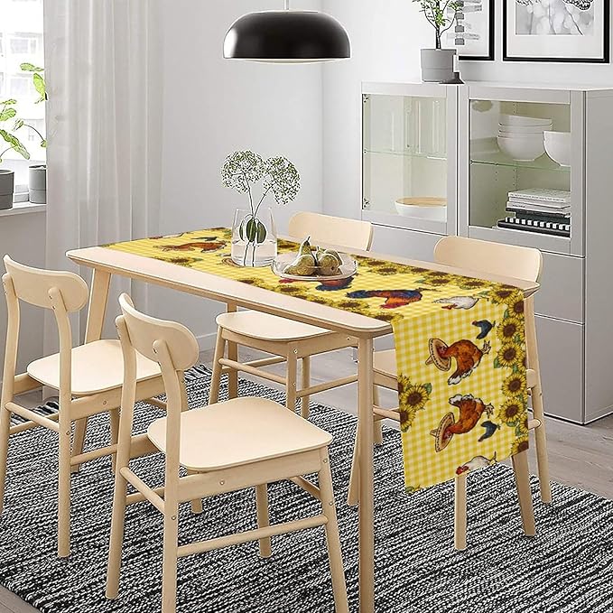 Farm Rooster Table Runner, Retro Western Farmhouse Chicken Sunflower Retro Yellow Buffalo Grid Print Table Runner for Dinning Holiday Party Indoor Outdoor Decor, 13x70inch