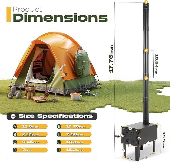HECASA Wood Burning Stove Tent Camping Stove for Outdoor Cooking Fishing Hiking Travel Portable Heater with Storable Chimney Pipes Steel
