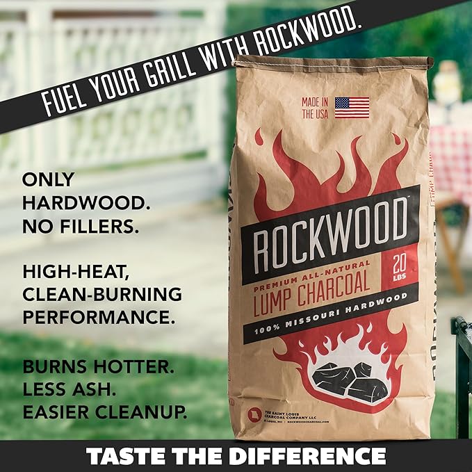 Rockwood Premium Hardwood Lump Charcoal – Oak, Hickory & Cherry Blend for Restaurant Quality Barbecue Smoking & Grilling – Smoky Flavor BBQ, Clean Burning for Kettle & Kamado Grills – 20lbs (4 Packs)